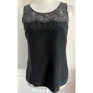 J. Crew • Solid Black 100% Silk Lace Neckline Tank Top